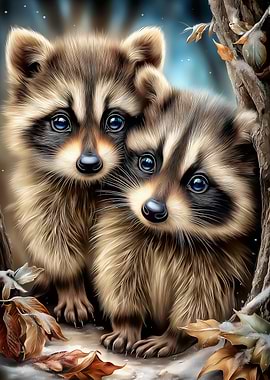 Two Raccoons in Winter Forest