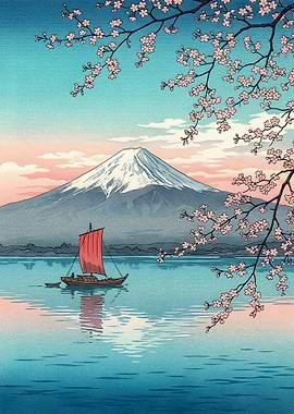Ukiyo e Mount Fuji and Cherry Blossoms