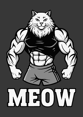 Muscular Cat Cartoon with 'MEOW' Text