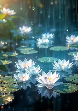 Water Lilies in a Pond with Rain