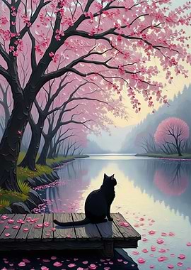 Black Cat Under Cherry Blossom Tree