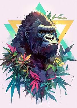 Colorful Gorilla Portrait with Geometric Background