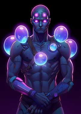 Cyberpunk Alien Warrior with Glowing Orbs