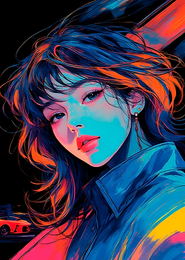 Neon Portrait of a Woman with Car