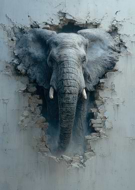 Elephant emerging from a broken wall