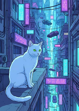 Cyberpunk Cat on Rooftop