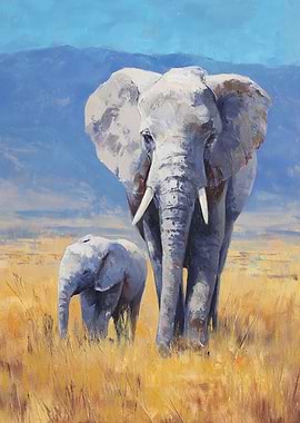 Elephant Family in the Savannah Painting