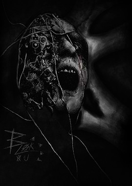 Distorted Face in Dark Charcoal Drawing