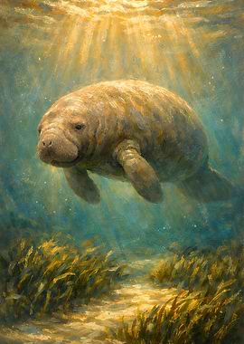 Manatee underwater painting with sun rays