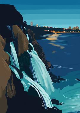 Coastal Waterfall at Night Illustration