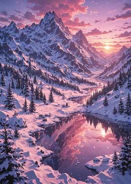 Snowy Mountain Landscape at Sunset