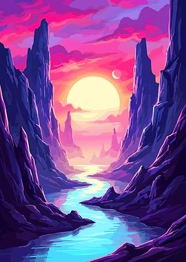 Fantasy Landscape with River and Mountains