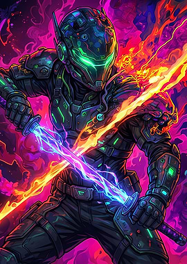 Cyberpunk Warrior with Energy Swords