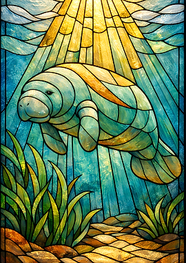 Stained Glass Manatee Underwater Scene