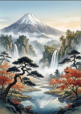 Japanese Landscape with Mountain and Waterfalls