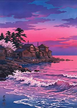 Japanese Coastal Village at Sunset