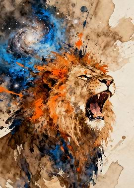 Watercolor Lion Roar with Galaxy Background