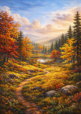 Autumn Landscape with Path and Lake