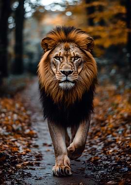 Majestic Lion Walking Through Autumn Forest