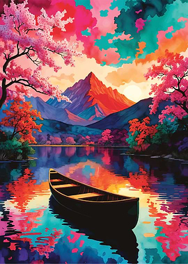 Colorful Mountain Lake with Canoe