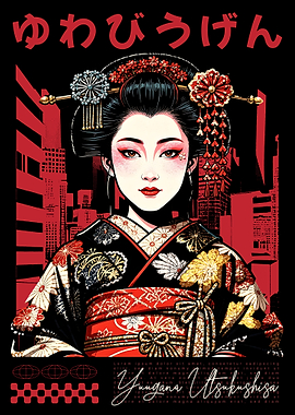 Geisha in Red Cityscape