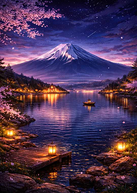 Mount Fuji at Night with Lanterns