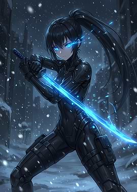 Anime Warrior with Glowing Sword in Snow