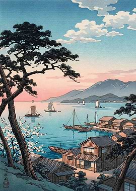 Japanese Coastal Village Ukiyo-e Print