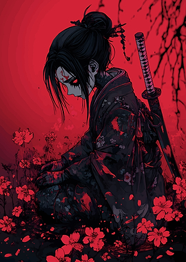 Red Samurai Girl with Katana