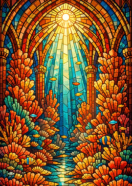 Stained Glass Underwater Scene with Fish