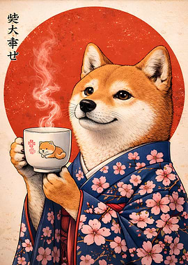 Shiba Inu in Kimono with Coffee