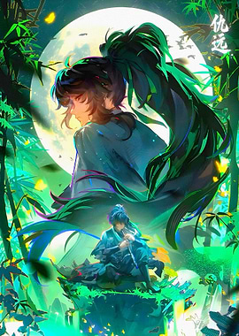 Anime character in bamboo forest