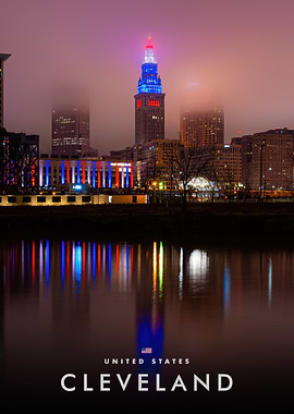 Cleveland Skyline at Night with Reflections