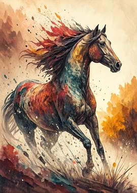 Colorful Horse Running Watercolor Painting