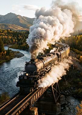 Steam Train Crossing River Bridge