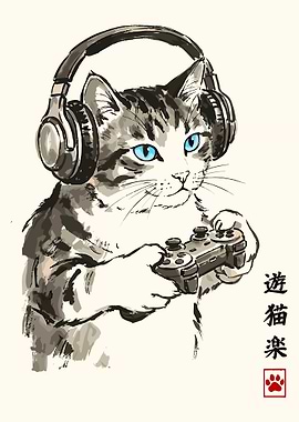 Gaming Cat Japanese Poster, Anime Style Cat Wall Art, Gamer Room Decor Illustration Print