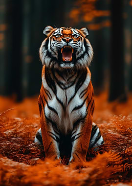 Roaring Tiger in Autumn Forest