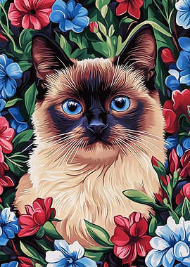 Siamese Cat Surrounded by Flowers