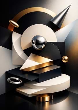 Abstract Geometric Composition in Black, White, Gold