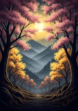 Cherry Blossom Mountain Landscape