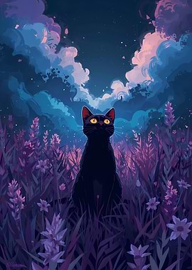 Black Cat in Lavender Field at Night