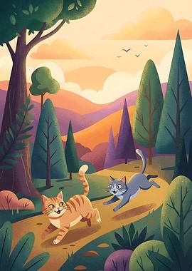 Cats running in a forest