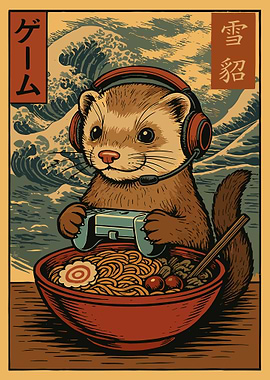 Gaming Ferret Ramen Poster, Cute Gamer Animal Art, Japanese Wave Style Wall Decor