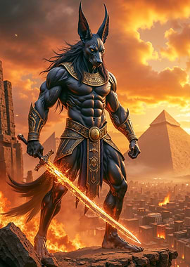 Anubis with his sword in front of the pyramids of Egypt