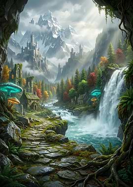 Epic Fantasy Castle Landscape: Misty Waterfall, Autumn Forest, and Bioluminescent Mushrooms