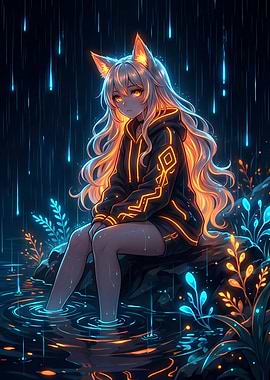 Anime Girl with Fox Ears in Rain