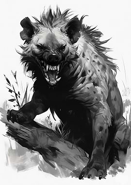 Aggressive Hyena Black and White Art