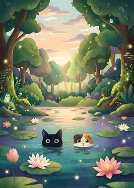 Cats in a Lily Pond Playing