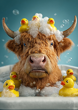 Highland Cow Bath Time with Ducks