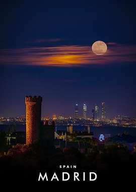 Madrid, Spain at night with full moon